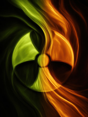 Dynamic swirl of green and orange colors forms a radiation symbol, creating a striking visual effect against a dark background.の素材