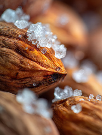 Textured nuts with a golden-brown appearance are adorned with sparkling sugar crystals, highlighting the natural beauty and intricate details of the scene.の素材