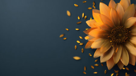 A golden flower spreads its petals against a deep blue backdrop, while golden leaves float gently, adding to the tranquil ambiance of the setting.の素材