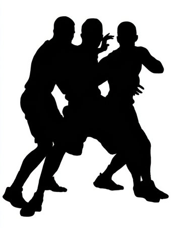 Three basketball players collaborated in a high-energy moment on the court, emphasizing their dynamic movement and competitive spirit during the game.の素材