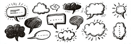 A collection of different speech bubbles in various shapes, showcasing blank spaces for text, perfect for creative storytelling and communication illustrations.の素材