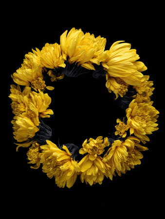 A circular arrangement of bright yellow flowers creates a striking crown against a dark backdrop, highlighting the beauty of nature and skilled craftsmanship.の素材