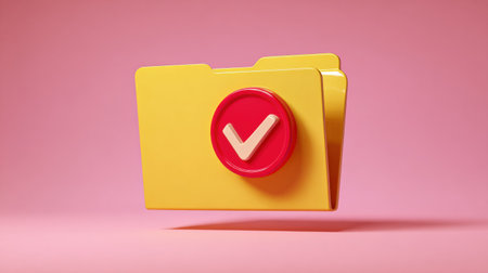 Bright yellow folder displays a red checkmark symbol, emphasizing organization and approval against a soft pink background, enhancing its visual appeal.の素材