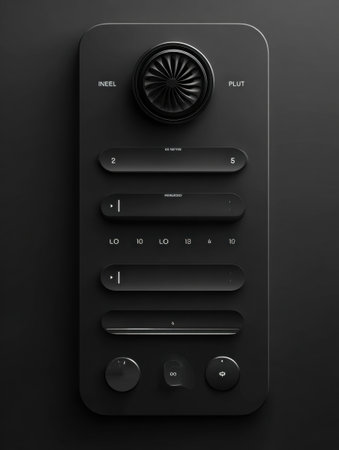 Glossy black control panel multiple features adjustable knobs and buttons for easy audio settings. Ideal for music production or sound engineering environments.の素材
