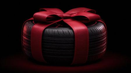 A tire, wrapped in a large red bow, makes an unexpected and creative gift for automotive fans or special occasions.の素材