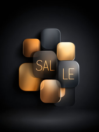 Stylish sale announcement with overlapping blocks in shades of gold and black, highlighting text on a seamless black background, conveying a modern aesthetic.の素材