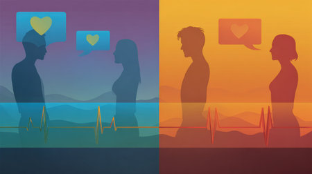 Two couples stand facing each other, outlined against vibrant backgrounds, conveying a sense of emotional connection and communication through heart symbols.の素材