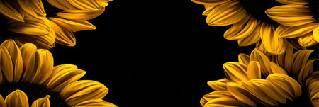 Sunflowers with brilliant yellow petals surround a deep black backdrop, highlighting the beauty and detail of the flowers in a bold arrangement.の素材
