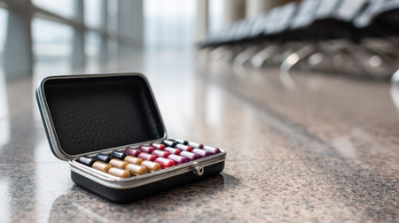 A neatly arranged capsule carrying case rests on a smooth floor in a spacious airport terminal. Empty seats line the background, highlighting tranquility.の素材