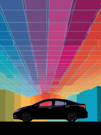 A sleek black car stands silhouetted against a stunning backdrop of vibrant geometric colors in the sky, creating a lively urban scene at sunset.の素材