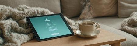 Warm coffee sits beside a tablet displaying a login screen, with a soft blanket adding to the comfort in a cozy indoor setting.の素材