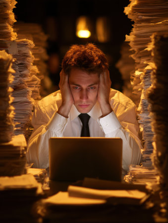 A man sitting at a desk with a laptop displays frustration while surrounded by towering stacks of papers in a dimly lit office setting.の素材