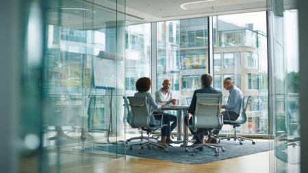 Group of professionals engaged in a serious meeting around a glass table in a contemporary office with a bright city view through large windowsの素材