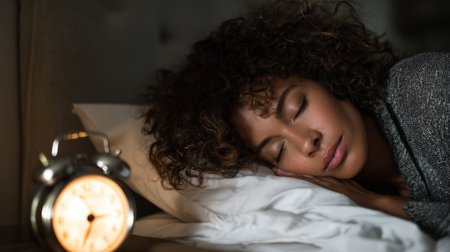A woman rests comfortably with her curly hair cascading around her, while a softly glowing alarm clock sits nearby, indicating the late night.の素材