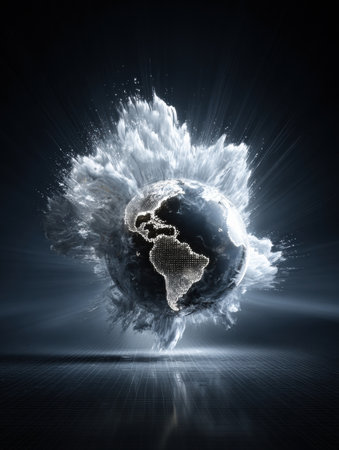 A vibrant depiction of Earth surrounded by dynamic clouds and light, conveying a sense of energy and transformation in space.の素材