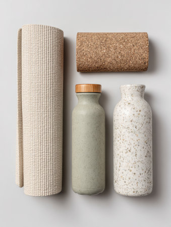 Yoga mat and two eco-friendly bottles are neatly arranged on a light background, reflecting a commitment to sustainability and mindful living.の素材
