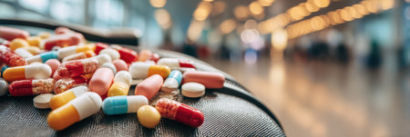 Vibrant pills and capsules are spread over a bag as travelers pass by in a bustling terminal, highlighting the intersection of health and travel.の素材