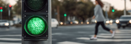 Pedestrian confidently walks across a busy street as a green traffic light signals safe passage, illustrating city life and transportation.の素材