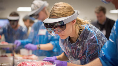 Participants in a medical lab engage in hands-on training, examining specimens while wearing protective equipment and goggles in a group setting.の素材