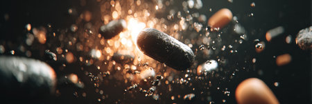 Capsules drift through bubbles with bright light in the background, highlighting textures and shapes against a dark backdrop.の素材