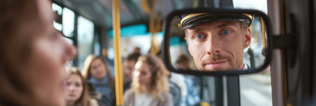 A bus driver focuses on a passenger through the rearview mirror while a small group of travelers rides in the background during a lively city commute.の素材