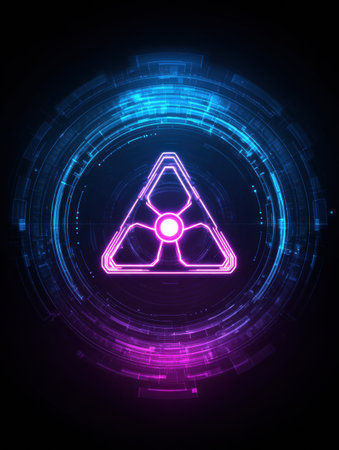 A glowing triangle is centered in a high-tech circular pattern with vibrant blue and pink lights against a dark background.の素材