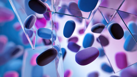 Floating blue and purple shapes create a dynamic visual experience in a vivid environment, merging elements of abstract art with a sense of motion and depth.の素材