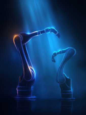 Robotic arms stand in a dimly lit environment, glowing in blue and orange, highlighting their advanced design and the future of automation and robotics.の素材