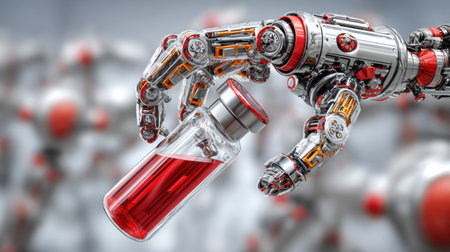 A robotic hand delicately grips a glass vial containing a vibrant red liquid.の素材