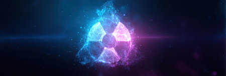 A glowing radioactive symbol emerges from a cosmic background, showing bright hues of blue and pink in a striking visual display that captivates.の素材