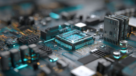 Close-up of a circuit board highlights intricate details and connections between various electronic components, showing modern technology in use.の素材