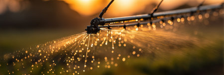 Sunset casts a warm glow as an irrigation system sprays water across fields, creating sparkling droplets that enhance the serene agricultural landscape.の素材