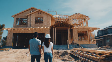 A couple admires their new home being built, surrounded by the construction site with wooden framing visible and materials scattered nearby.の素材