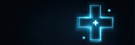 A bright blue glowing symbol of a medical cross stands out against a dark background, symbolizing healthcare innovation in a modern context.の素材