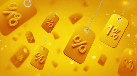Bright yellow discount tags with percentage signs hang against a lively backdrop, creating an inviting atmosphere for sales and special offers.の素材