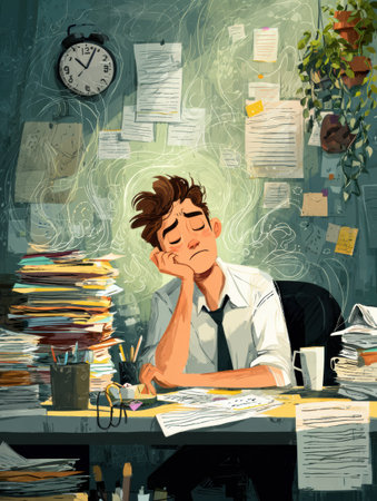 An office worker looks exhausted while resting his head on his hand among towering stacks of paperwork and scattered notes in a busy workspace.の素材