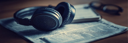 Headphones lie on a newspaper beside a smartphone, with a pair of glasses in the background, suggesting a moment of relaxation and media consumption.の素材