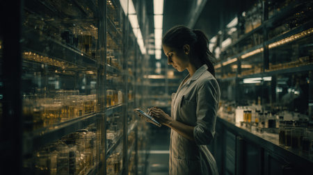A woman in a white lab coat studies samples on a tablet in a laboratory. Glass containers filled with liquids surround her, creating a concentrated atmosphere.の素材