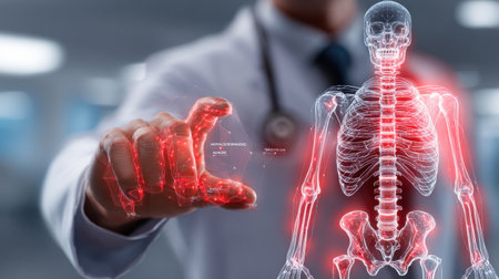 A medical expert uses advanced tech to interact with a 3D holographic skeleton, highlighting innovative diagnostic methods.の素材