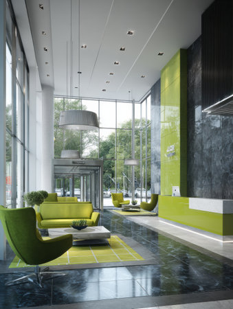 Bright and airy lobby showcases modern furniture with green accents, large windows offering natural light, and a welcoming atmosphere in a contemporary setting.の素材