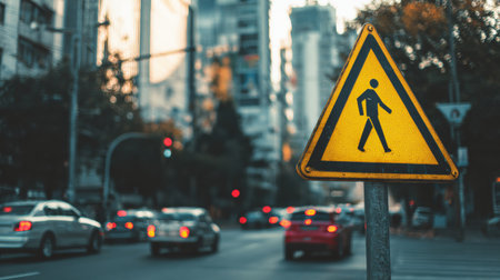 A yellow triangular sign alerts drivers to a nearby pedestrian crossing amidst a bustling cityscape during twilight with vehicles passing by.の素材