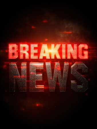 Dynamic announcement of breaking news highlighted with striking red text against a dark background, designed to capture attention and convey urgency.の素材