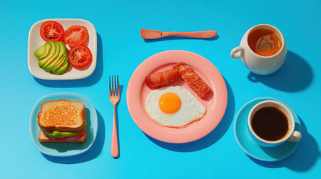 A vibrant breakfast layout showcases a sunny-side-up egg, sausage, toast, fresh vegetables, and coffee on a bright blue surface, perfect for morning energy.の素材