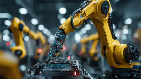 Robotic arms work efficiently on a production line to assemble electronic components in a modern manufacturing plant filled with bright lights.の素材