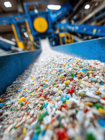 Colorful plastic waste flows down a conveyor belt at a recycling facility, preparing for sorting and processing with heavy machinery in the background.の素材