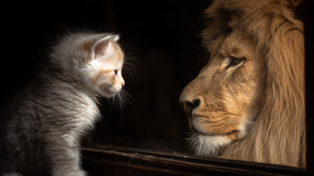 A kitten curiously gazes at a lion through glass, highlighting the fascinating difference between their sizes and characters in a quiet environmentの素材