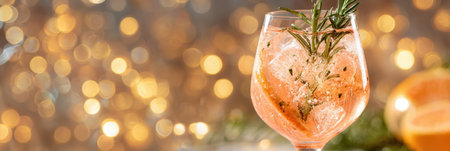 Refreshing cocktail features ice, herbs, and citrus garnishes. Background bokeh creates a festive, warm atmosphere perfect for celebrations or gatherings.の素材
