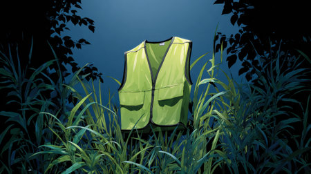 A vibrant safety vest is positioned among tall grass, illuminated by soft moonlight, demonstrating the necessity for visibility in outdoor situations.の素材