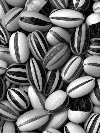 Brightly colored, striped beads are scattered closely together, creating a vibrant and intricate pattern that catches the eye and draws attention.の素材