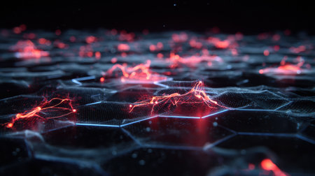 Vibrant hexagonal structure featuring red lights creates a captivating visual in a dark digital environment with a futuristic feel and dynamic energy.の素材